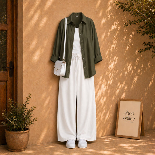 OLIVE GREEN BUTTON DOWN SHIRT WITH WHITE TANKTOP AND WHITE FLAPPER