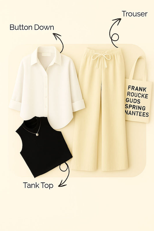 WHITE BUTTON SHIRT WITH BEIGE FLAPPER AND BLACK TANK TOP