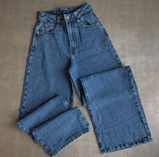 HIGH WAISTED MID BLUE WIDE LEG JEANS