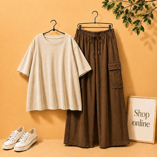 BEIGE DROP SHOULDER TSHIRT WITH BROWN CARGO TROUSER