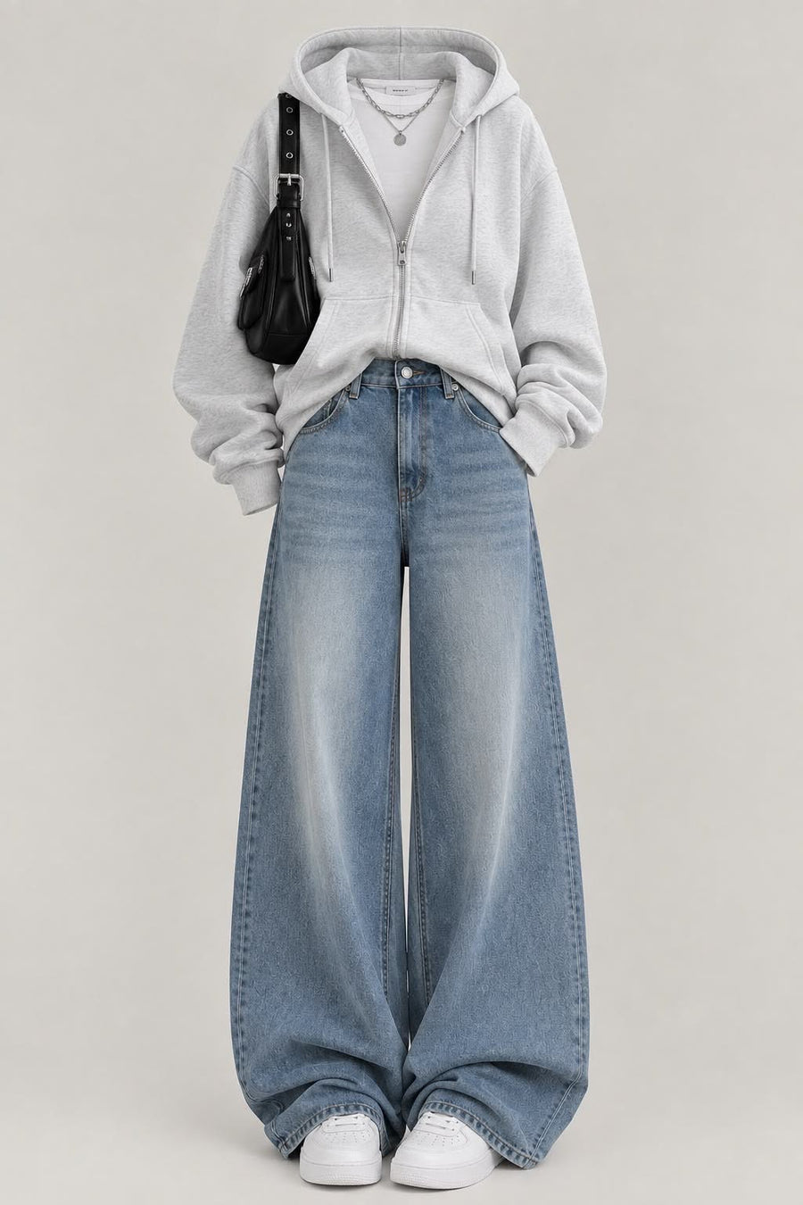 Grey Zipper + White  Inner  with vintage Sky   Wide Leg Jeans