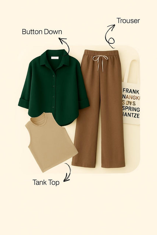 BOTTLE GREEN BUTTON SHIRT WITH BROWN FLAPPER AND BEIGE TANK TOP