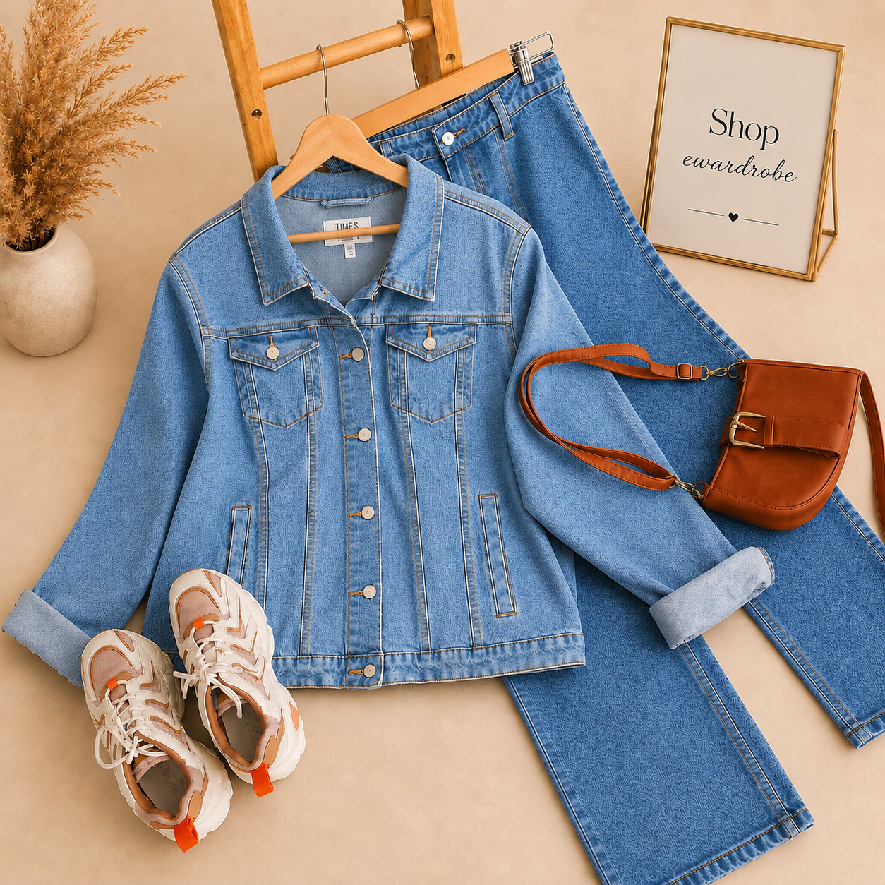 SKY BLUE DENIM JACKET WITH MID BLUE WIDE LEG JEANS