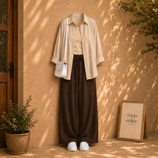 BEIGE BUTTON DOWN SHIRT WITH BEIGE TANKTOP AND BROWN FLAPPER