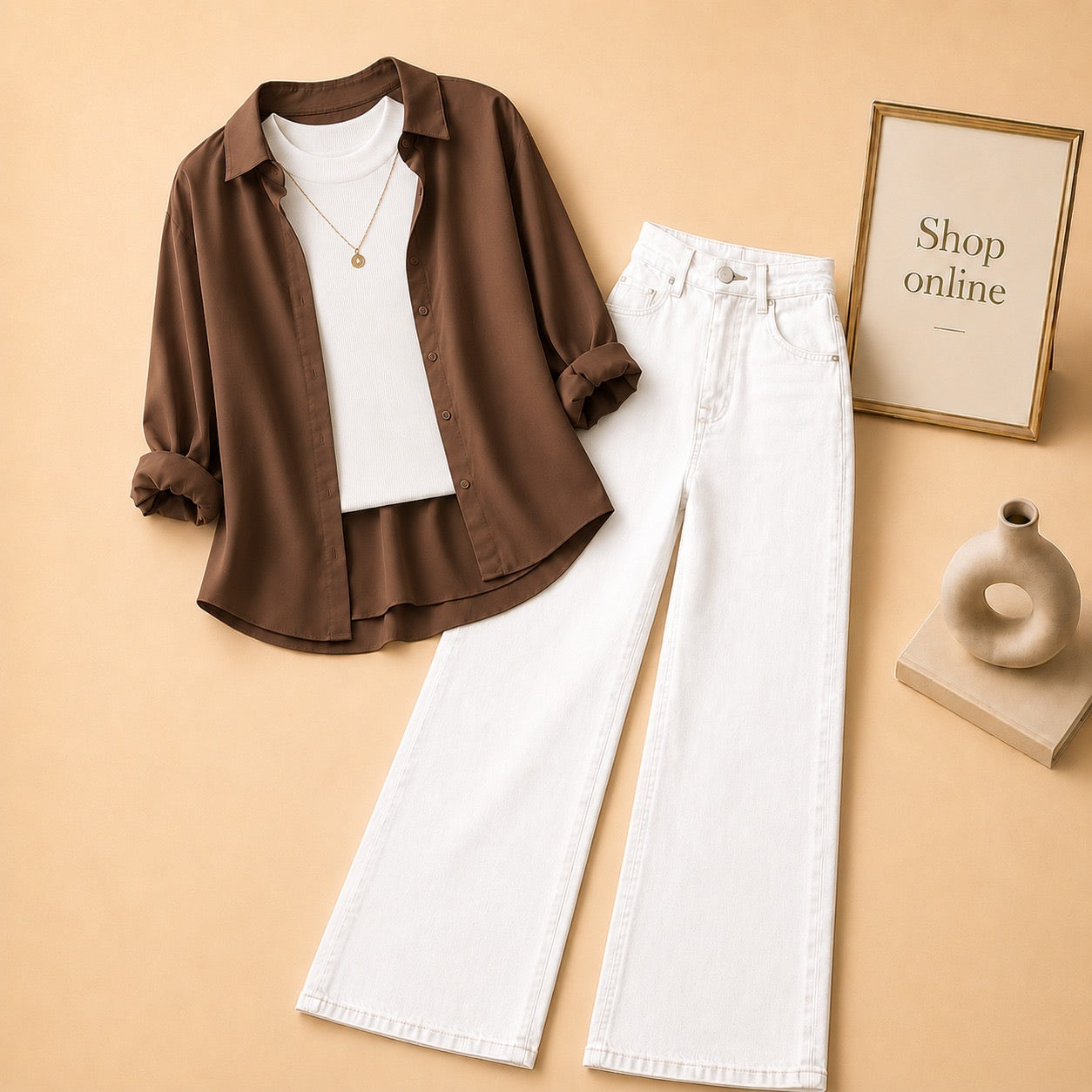 COFFEE BROWN BUTTON DOWN SHIRT WITH WHITE TANKTOP AND WHITE WIDE LEG JEANS