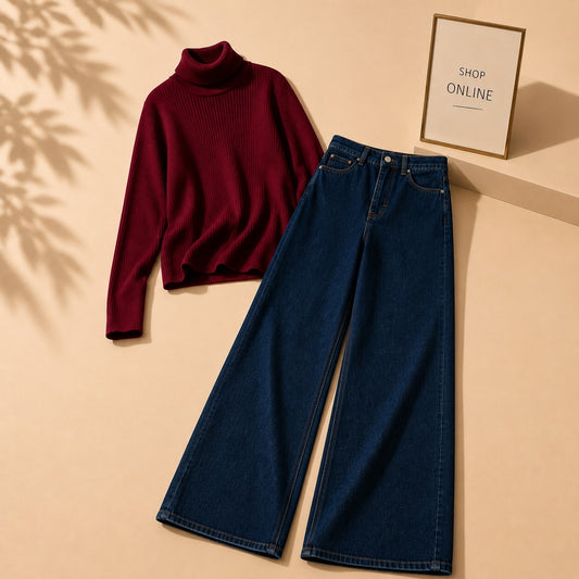 MAROON HIGHNECK WITH DARK BLUE WIDE LEG JEANS