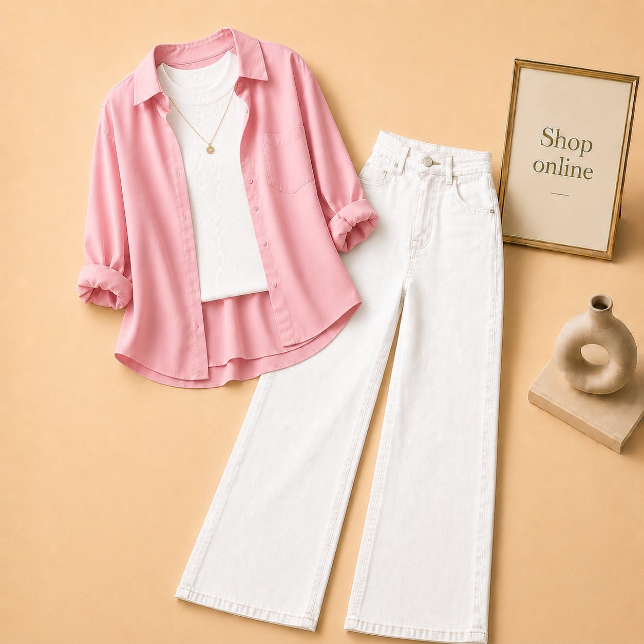 LIGHT PINK BUTTON DOWN SHIRT WITH WHITE TANKTOP AND WHITE WIDE LEG JEANS