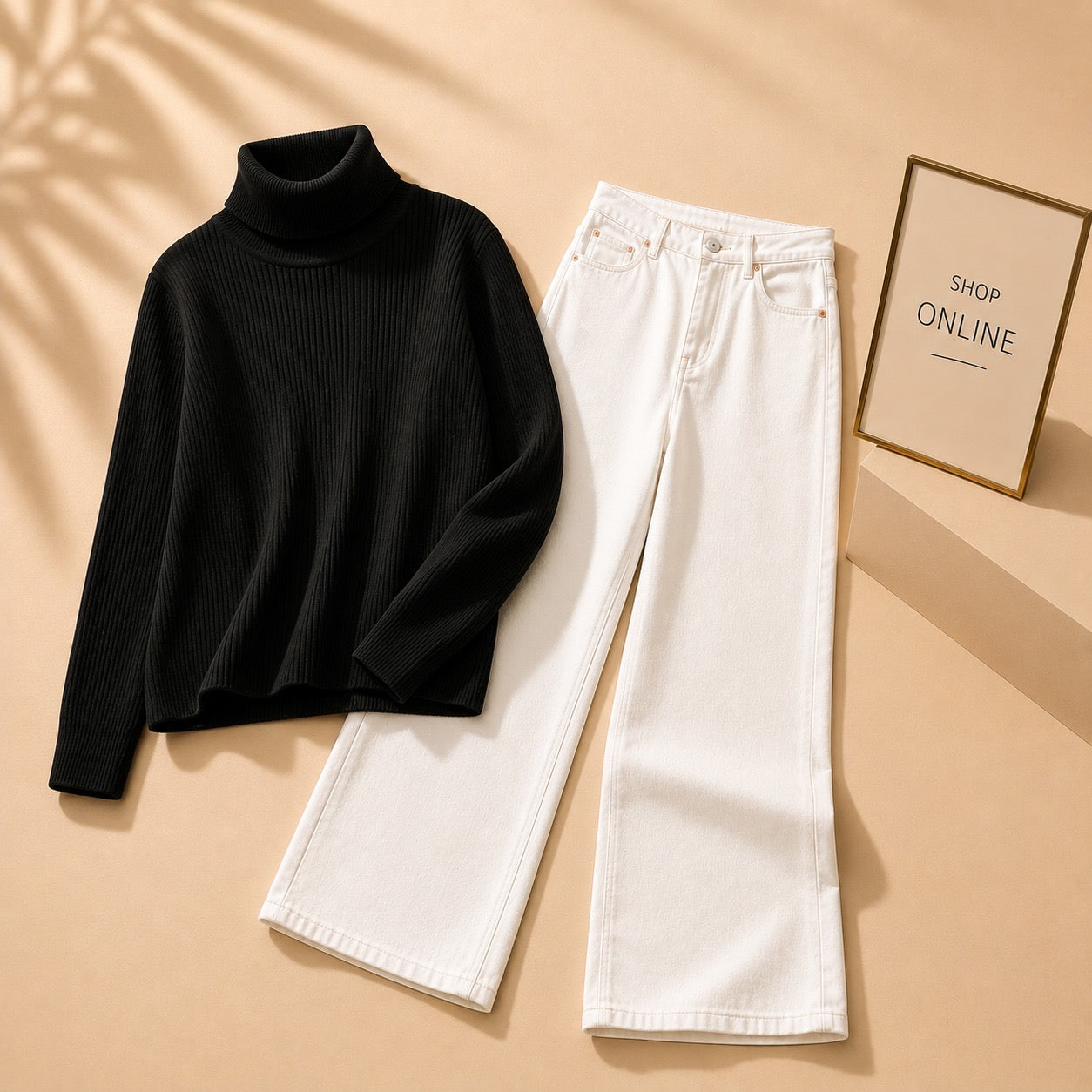 BLACK HIGHNECK WITH WHITE WIDE LEG JEANS