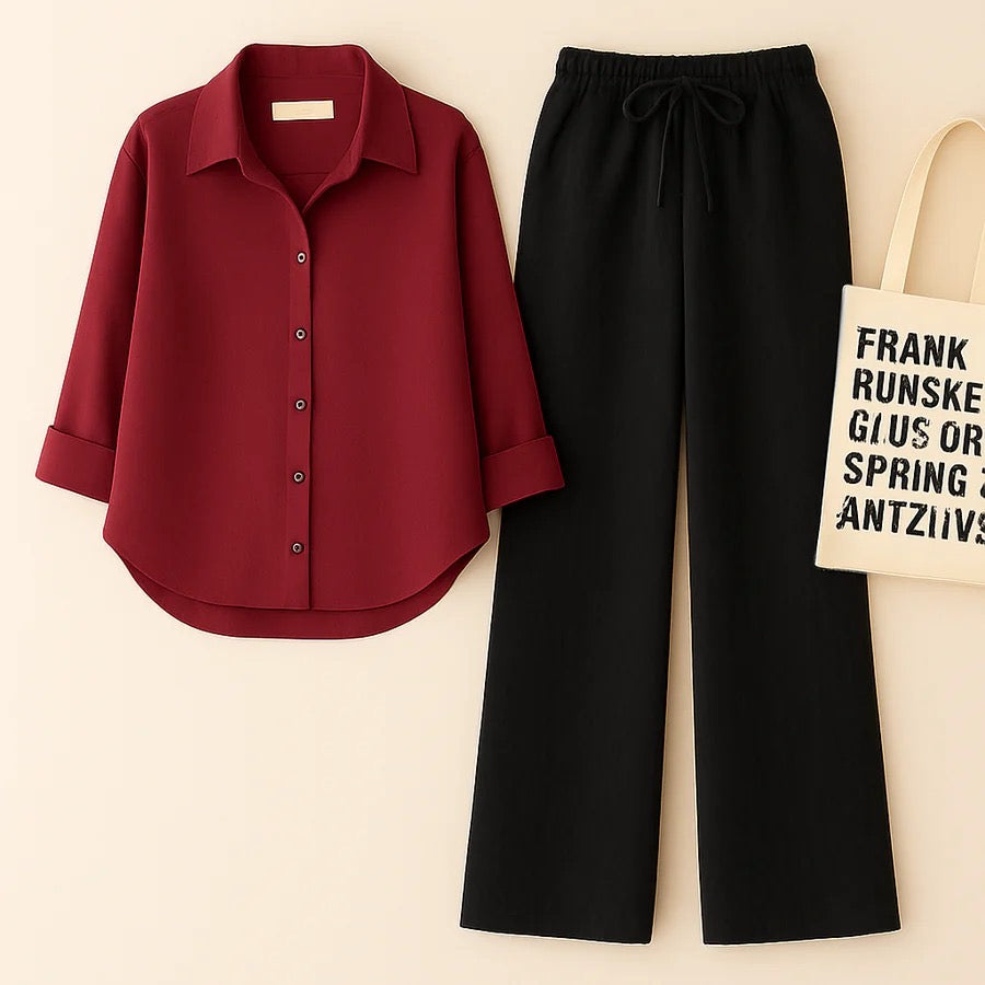 MAROON BUTTON SHIRT WITH BLACK FLAPPER