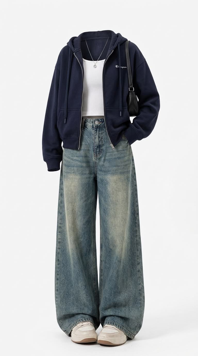 Navy Zipper + Inner with Greenish Vintage Wide Leg Jeans