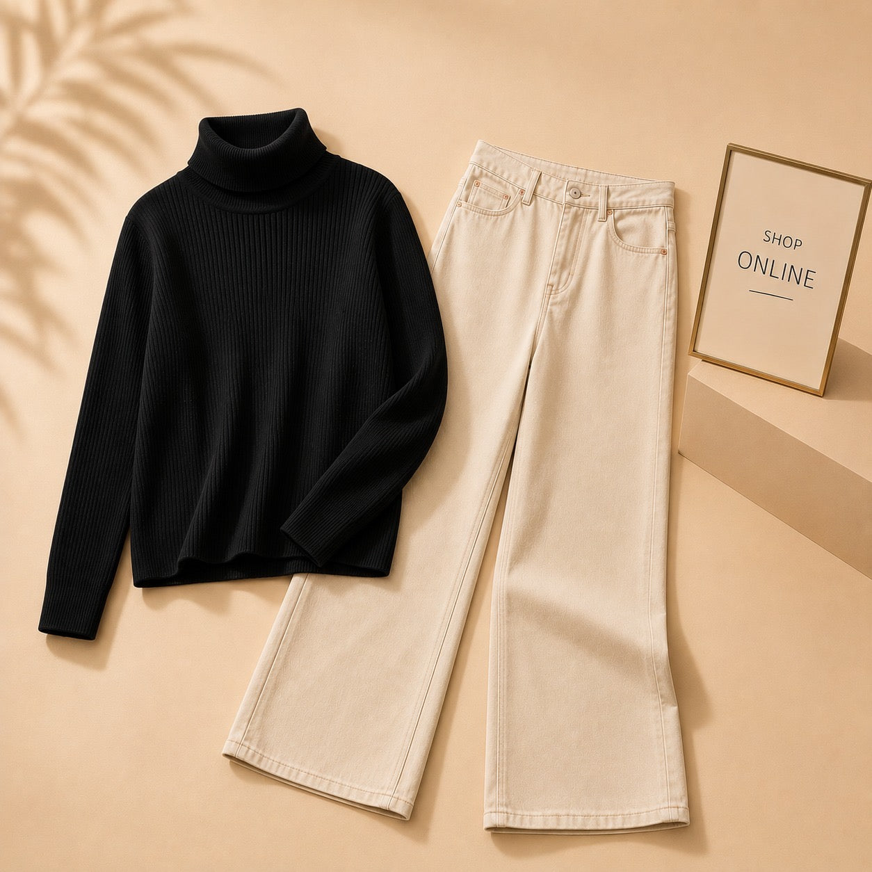 BLACK HIGHNECK WITH BEIGE WIDE LEG JEANS