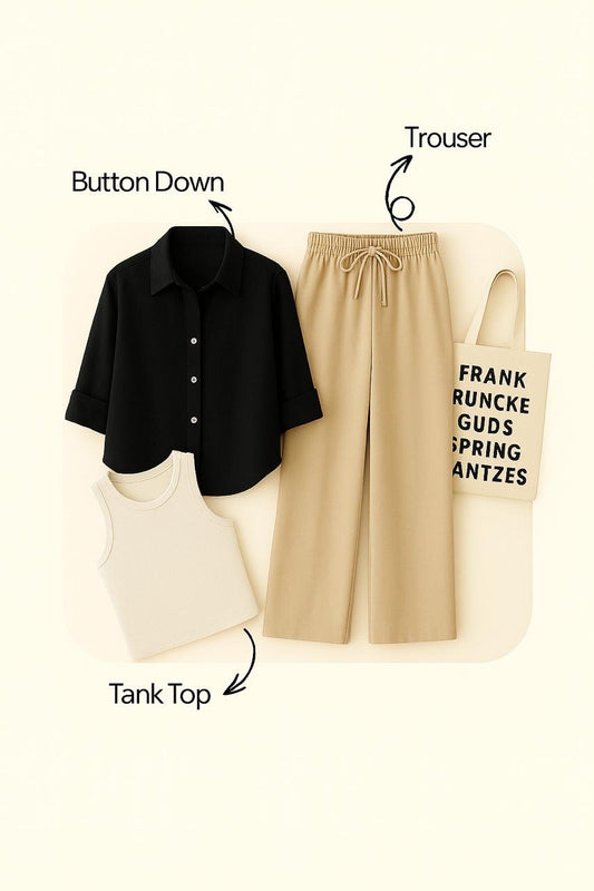 BLACK BUTTON SHIRT WITH BEIGE FLAPPER AND WHITE TANK TOP