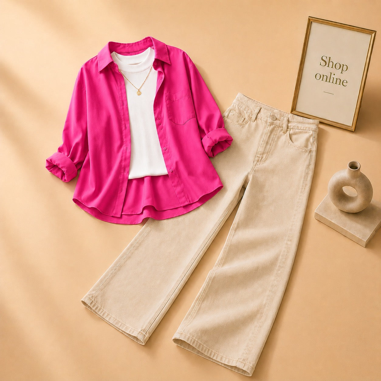 SHOCKING PINK BUTTON DOWN SHIRT WITH WHITE TANKTOP AND BEIGE WIDE LEG JEANS