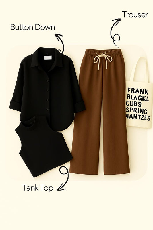 BLACK BUTTON SHIRT WITH BROWN FLAPPER AND BLACK TANK TOP