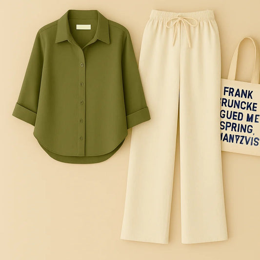 OLIVE GREEN BUTTON SHIRT WITH BEIGE FLAPPER