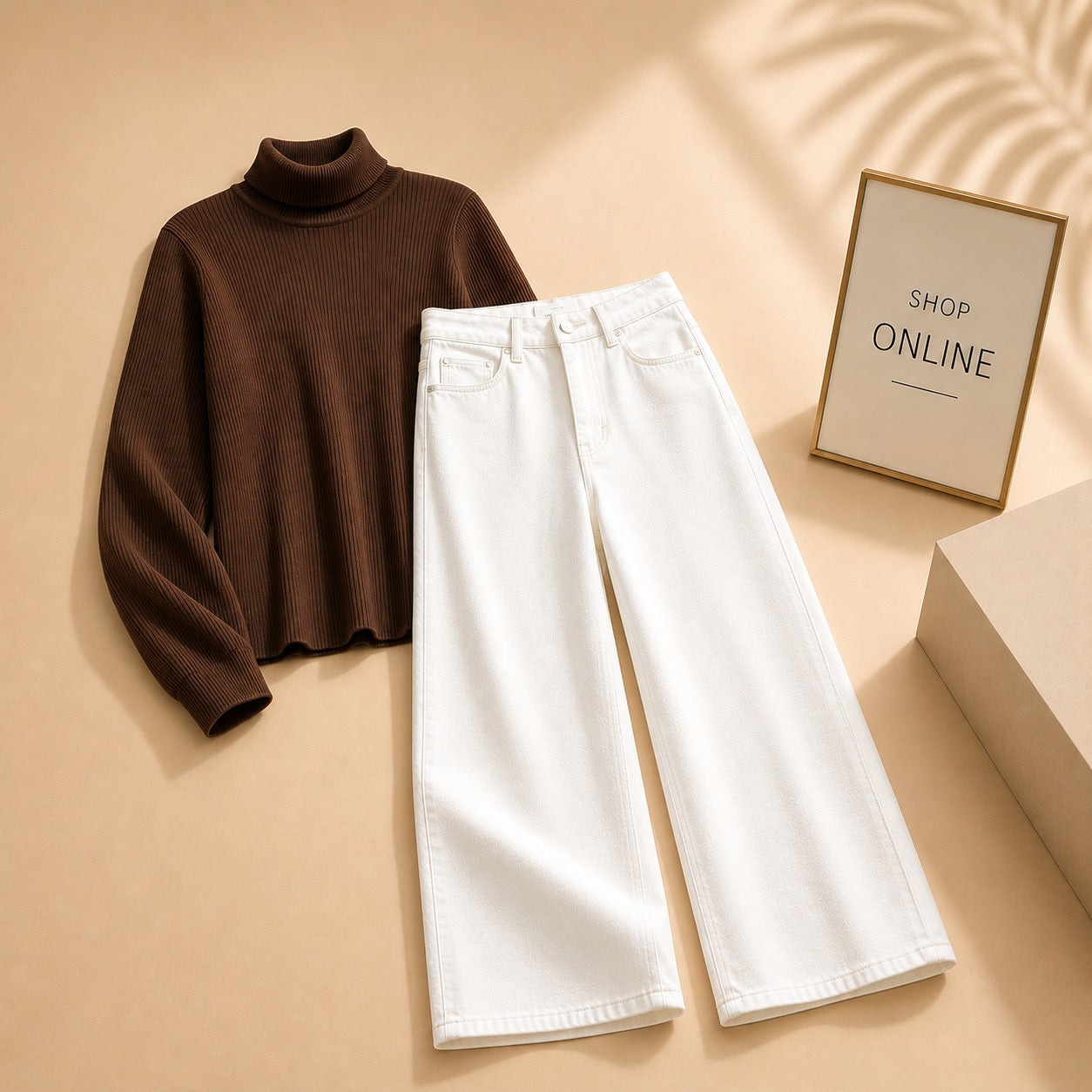 BROWN HIGHNECK WITH WHITE WIDE LEG JEANS