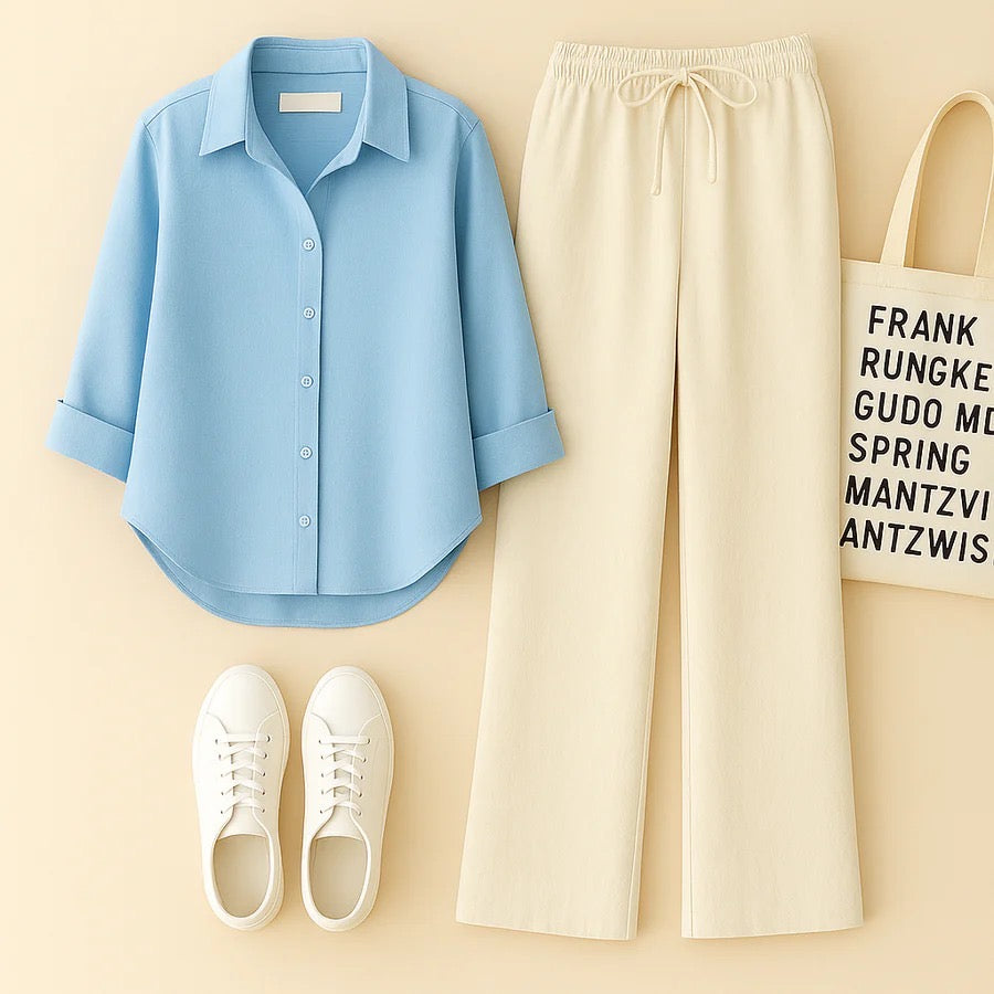 SKY BLUE BUTTON SHIRT WITH BEIGE FLAPPER