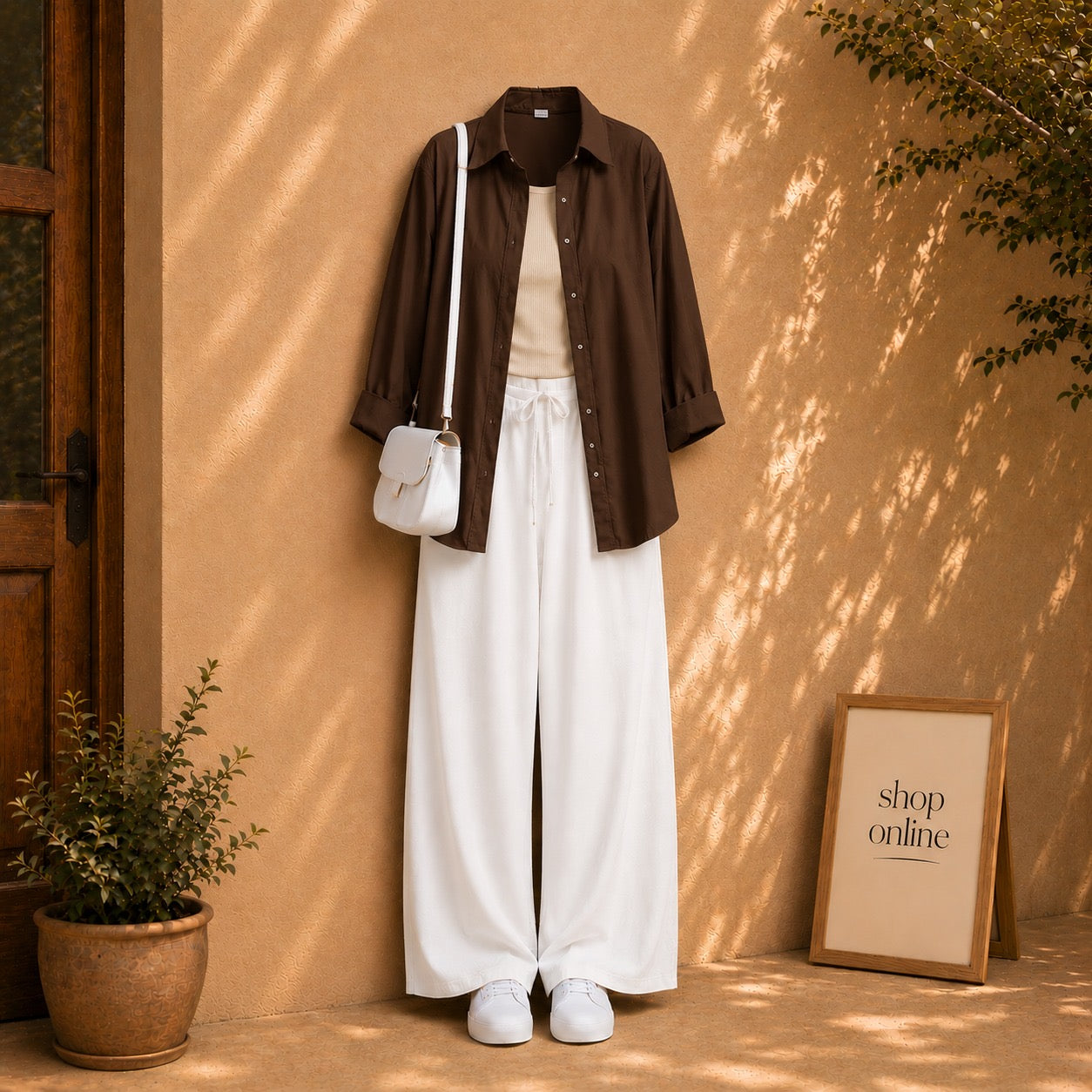 COFFEE BROWN BUTTON DOWN SHIRT WITH BEIGE TANKTOP AND WHITE FLAPPER