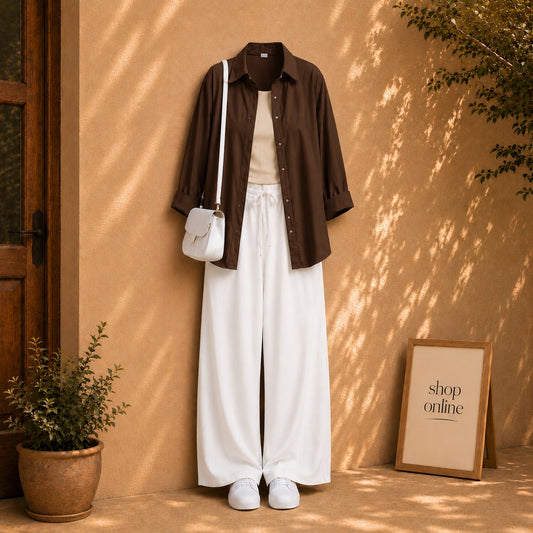 COFFEE BROWN BUTTON DOWN SHIRT WITH BEIGE TANKTOP AND WHITE FLAPPER