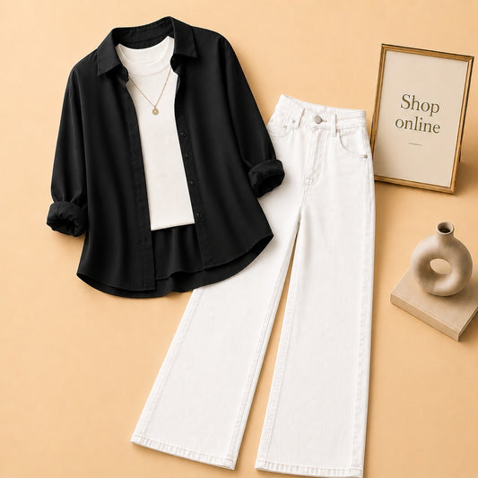 BLACK BUTTON DOWN SHIRT WITH WHITE TANKTOP AND WHITE WIDE LEG JEANS