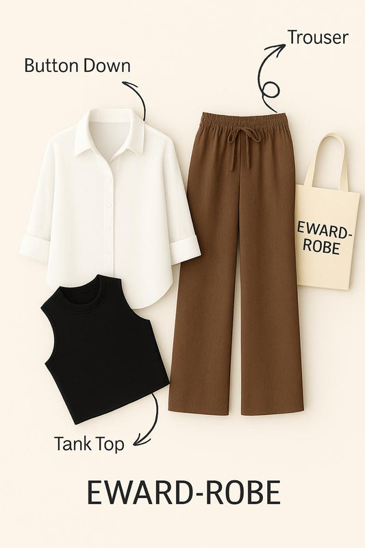WHITE BUTTON SHIRT WITH BROWN FLAPPER AND BLACK TANK TOP