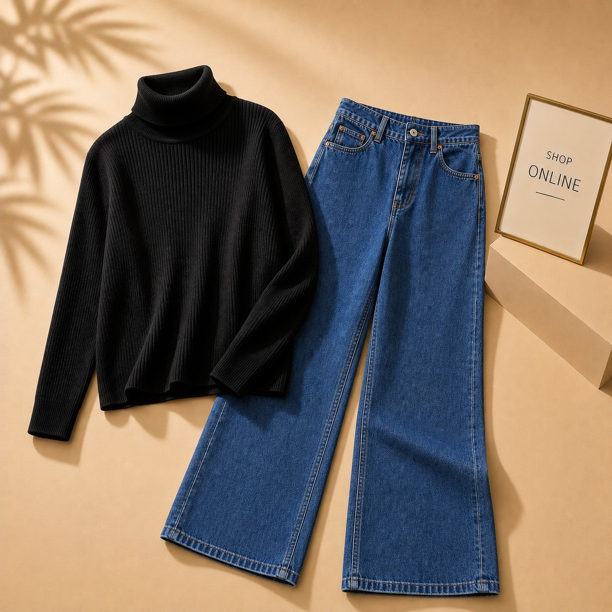 BLACK HIGHNECK WITH DARK BLUE WIDE LEG JEANS