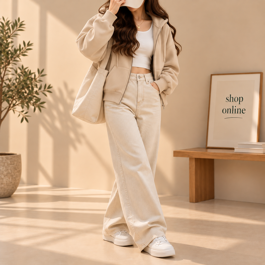 Basic Beige Zipper Hoodie With Beige Wide Leg Jeans