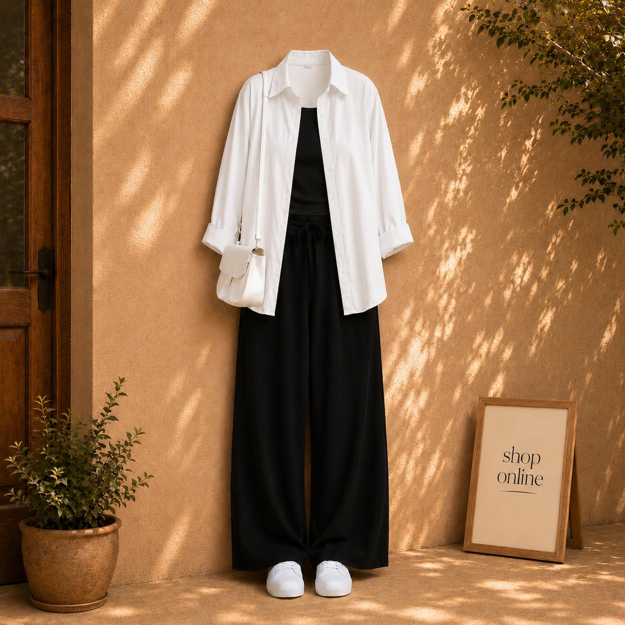 WHITE BUTTON DOWN SHIRT WITH BLACK TANKTOP AND BLACK FLAPPER