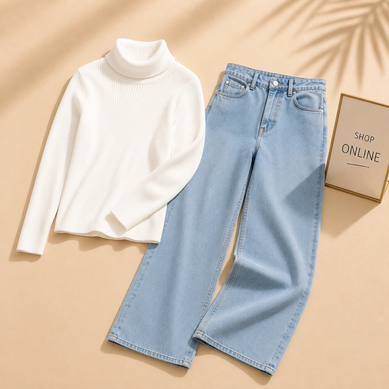 WHITE HIGHNECK WITH SKY BLUE WIDE LEG JEANS