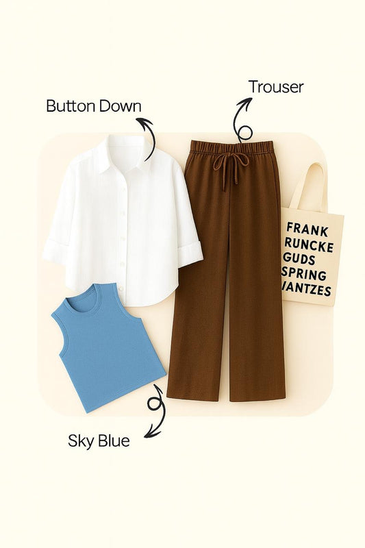 WHITE BUTTON SHIRT WITH BROWN FLAPPER AND SKY BLUE TANK TOP