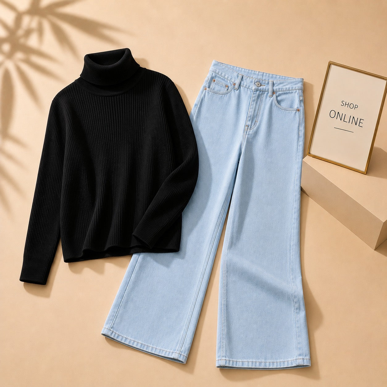 BLACK HIGHNECK WITH SKY BLUE WIDE LEG JEANS