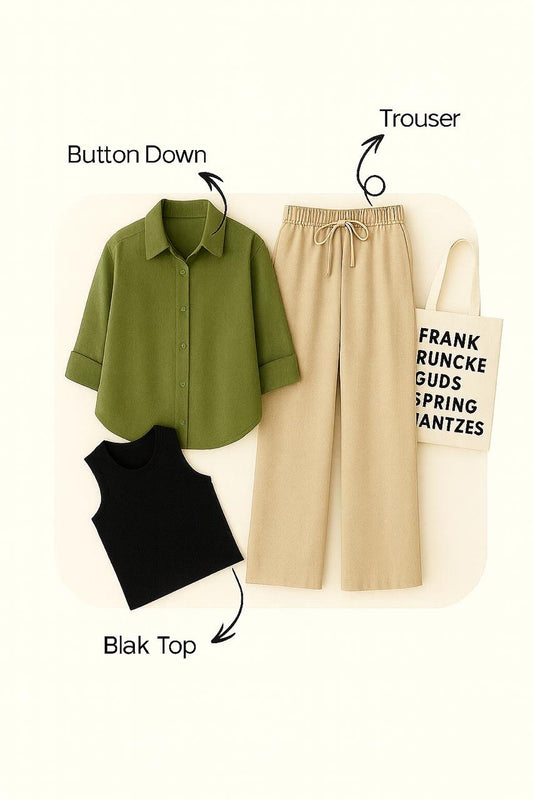 OLIVE GREEN BUTTON SHIRT WITH BEIGE FLAPPER AND BLACK TANK TOP