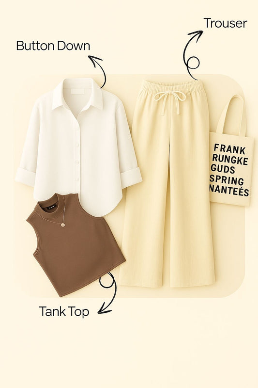 WHITE BUTTON SHIRT WITH BEIGE FLAPPER AND BROWN TANK TOP