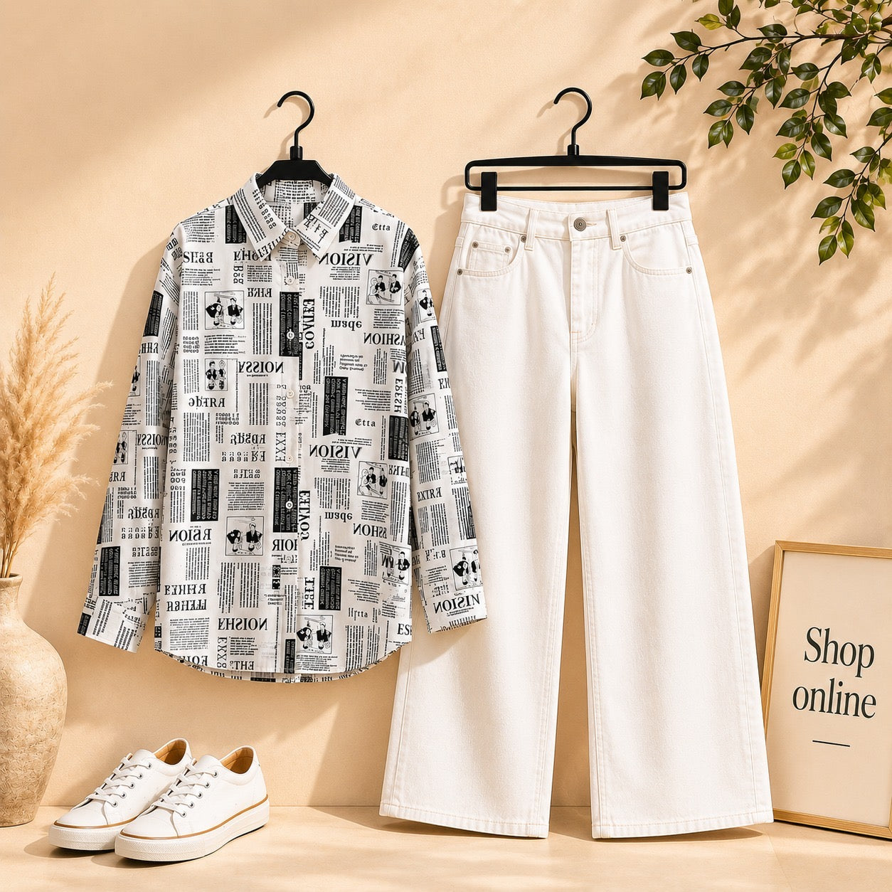 NEWSPAPER BUTTON SHIRT WITH WHITE CARGO JEANS