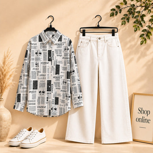 NEWSPAPER BUTTON SHIRT WITH WHITE WIDE LEG JEANS