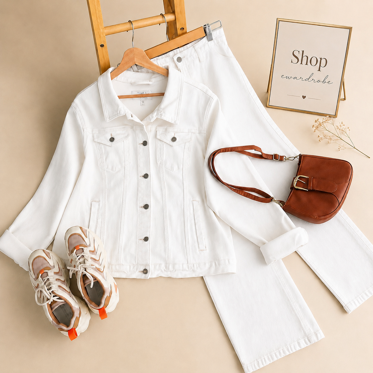 WHITE DENIM JACKET WITH WHITE WIDE LEG JEANS