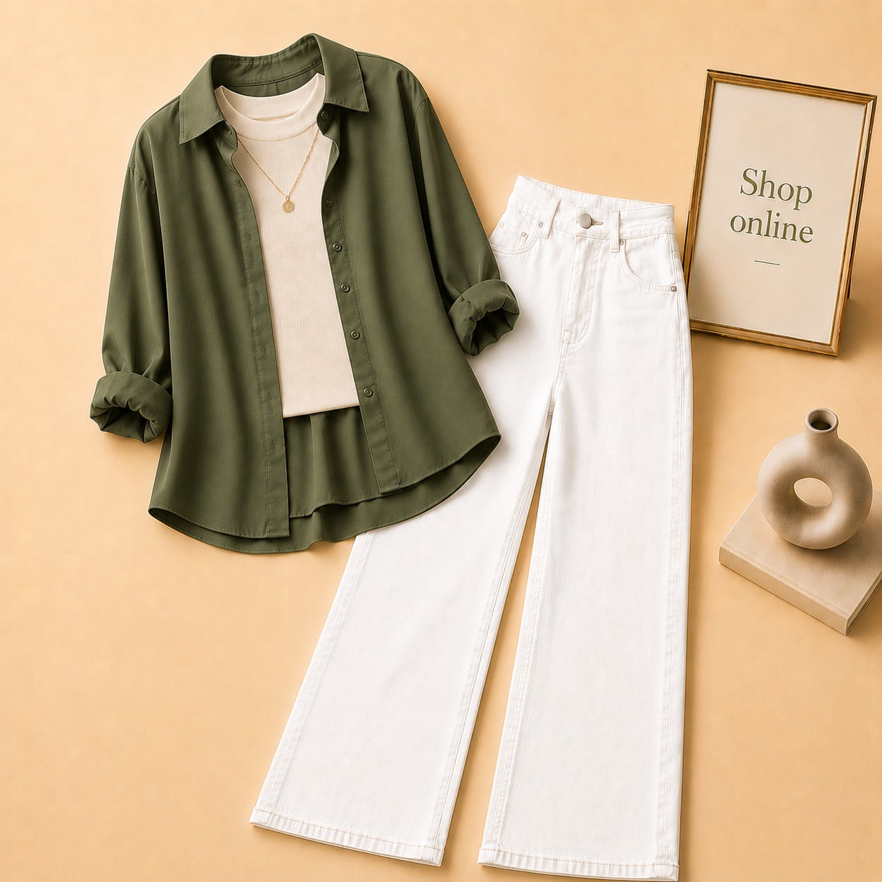 DARK GREEN BUTTON DOWN SHIRT WITH BEIGE TANKTOP AND WHITE WIDE LEG JEANS