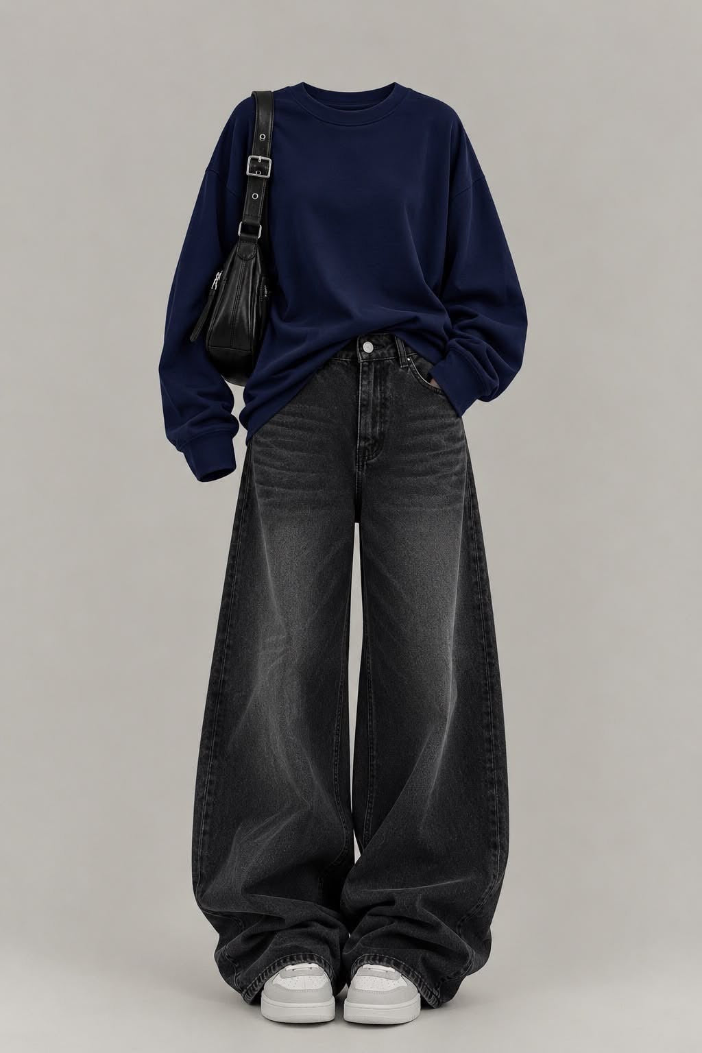 Navy sweatshirt with Vintage Black Wide Leg Jeans