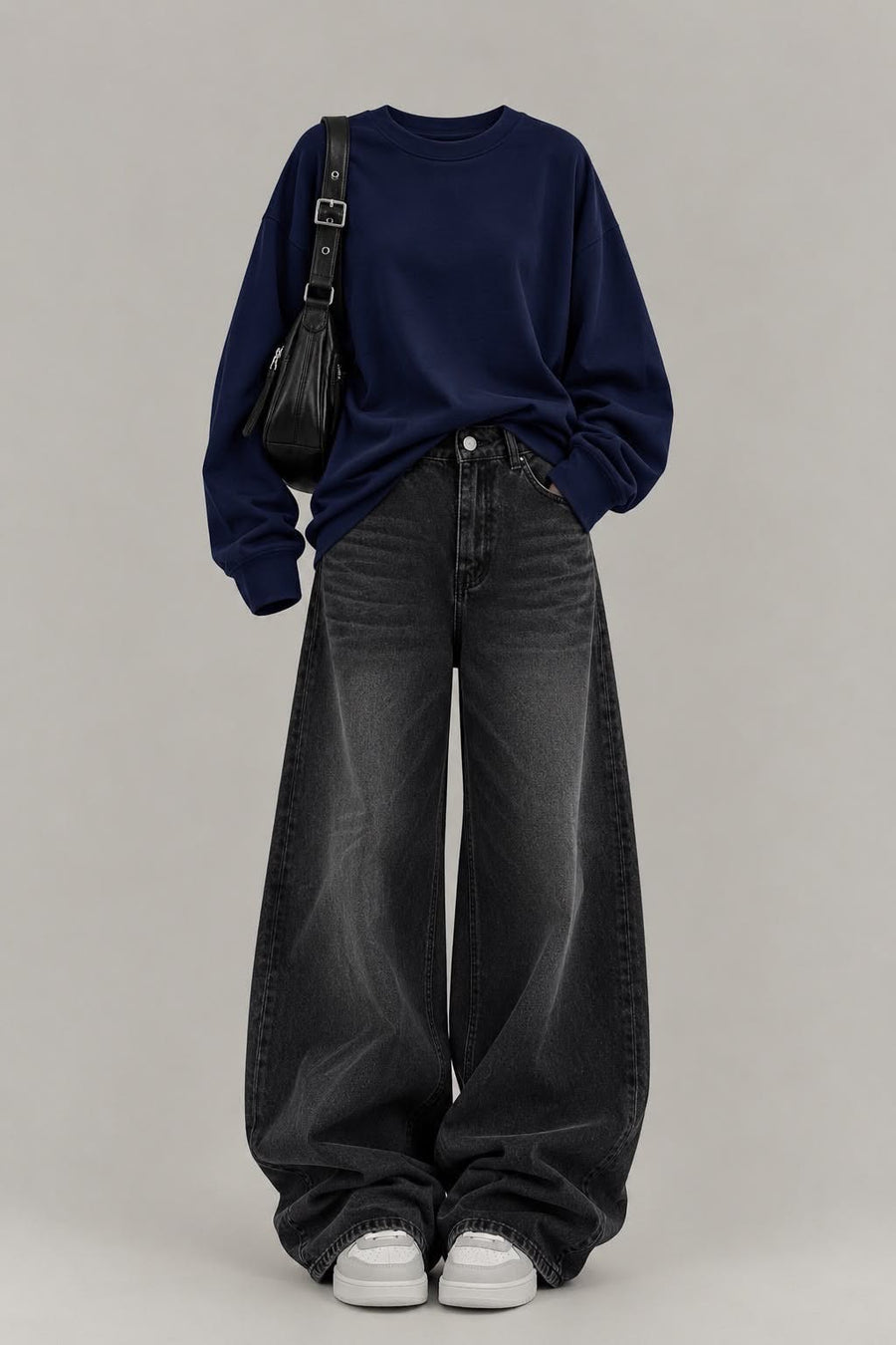 Navy sweatshirt with Vintage Black Wide Leg Jeans