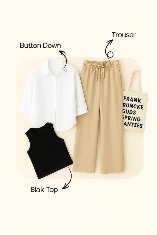 WHITE BUTTON SHIRT WITH BEIGE FLAPPER AND BLACK TANK TOP