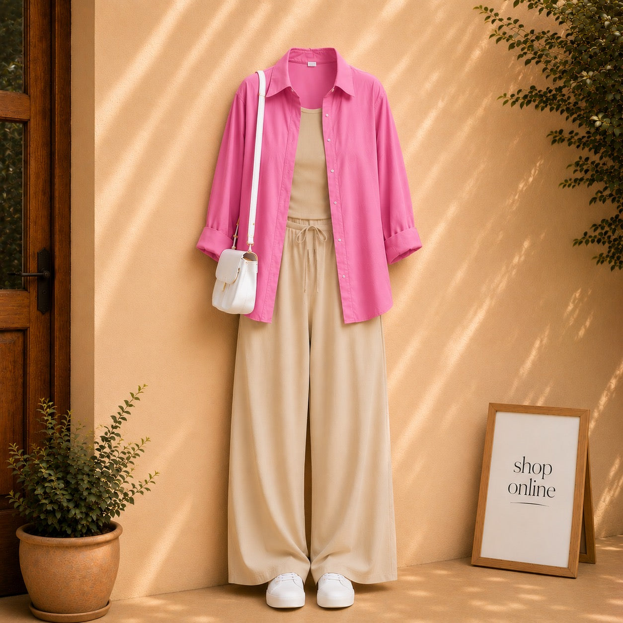 PINK BUTTON DOWN SHIRT WITH BEIGE TANKTOP AND BEIGE FLAPPER