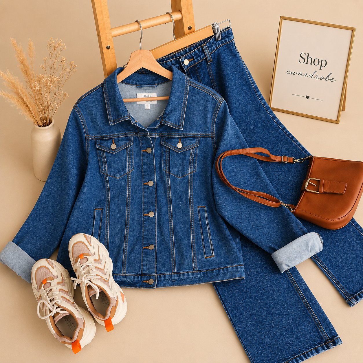 MID BLUE DENIM JACKET WITH MID BLUE WIDE LEG JEANS