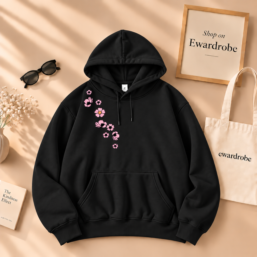 Pink Flower Bale on Shoulder Hoodie