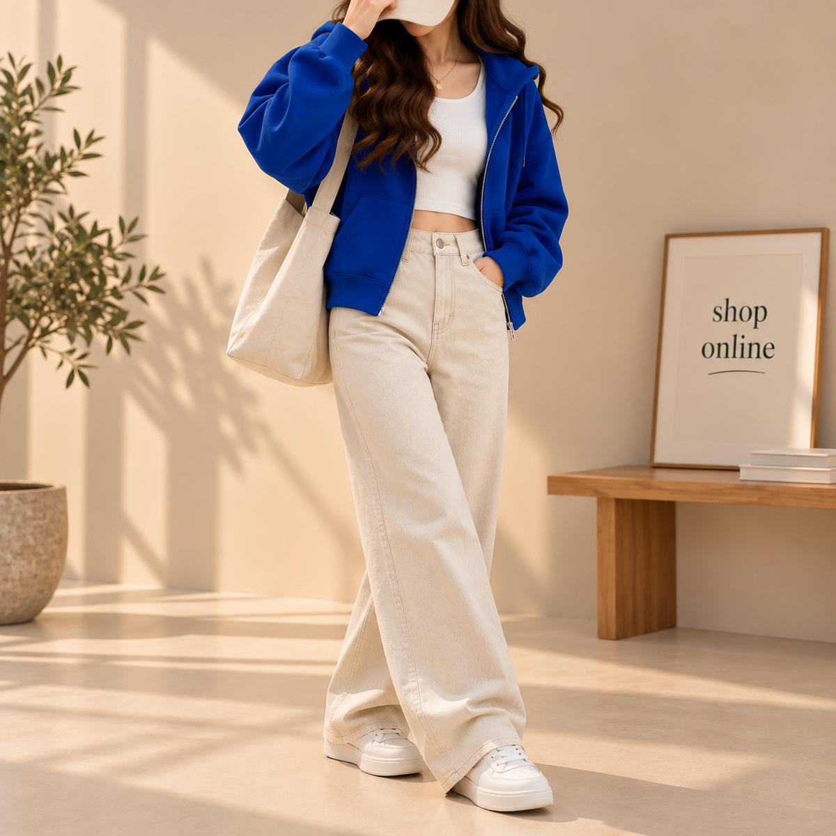 Basic Royal Blue Zipper Hoodie With Beige Wide Leg Jeans