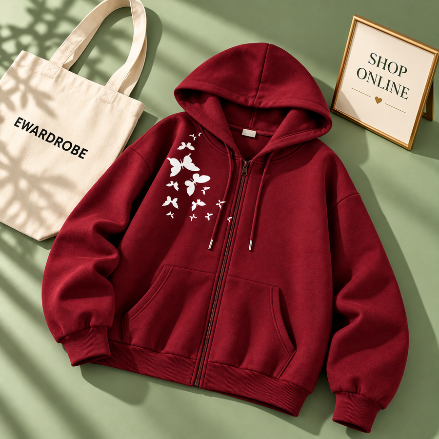 Maroon Zipper Hoodie Shoulder Butterfly