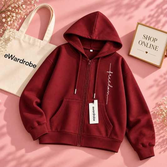 Maroon Zipper Hoodie Freedom Vertical