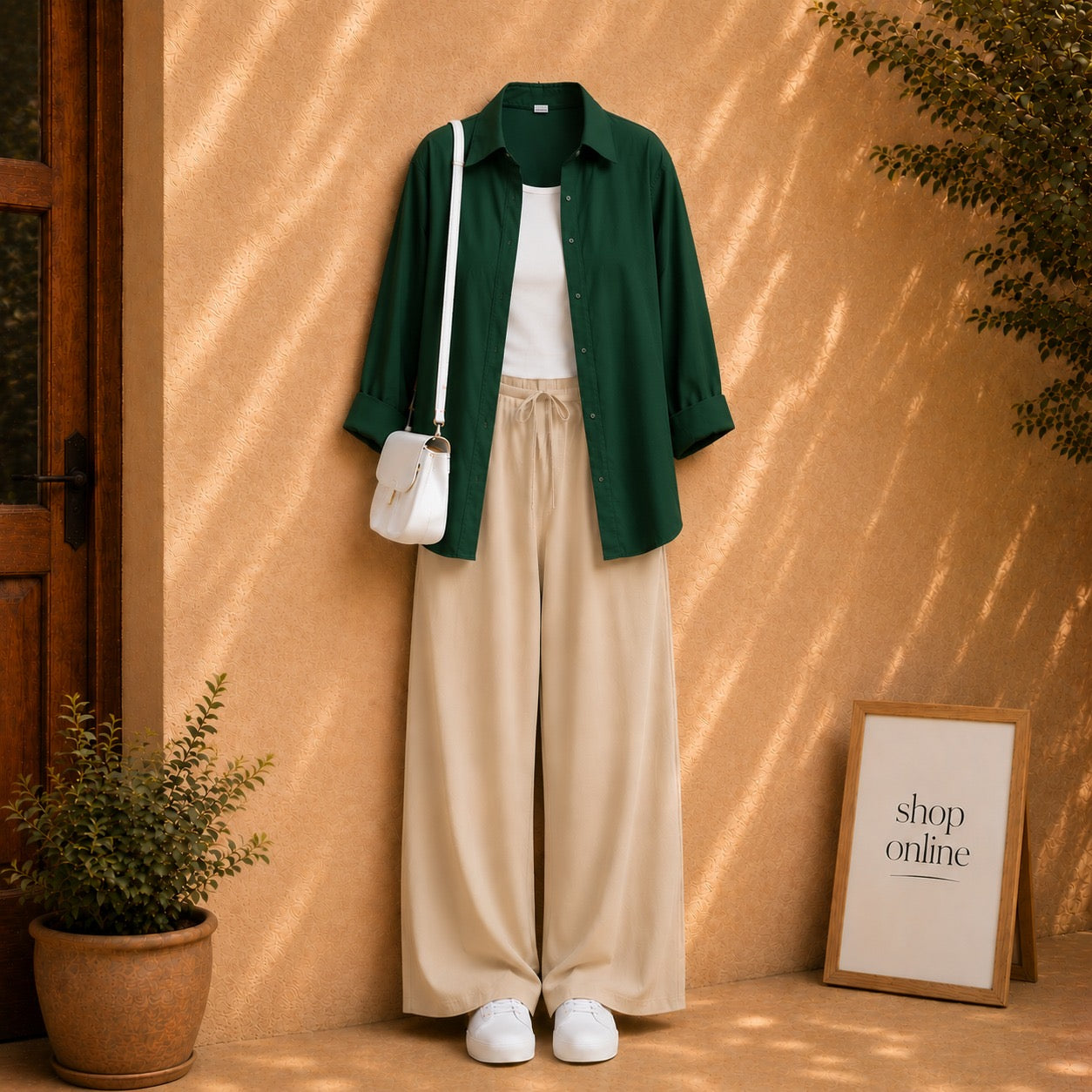DARK GREEN BUTTON DOWN SHIRT WITH WHITE TANKTOP AND BEIGE FLAPPER