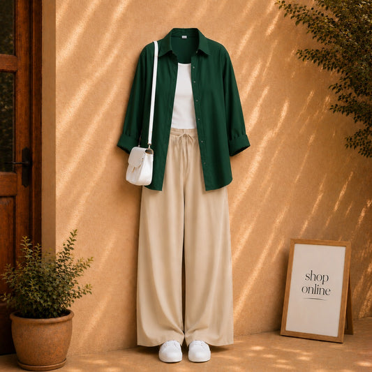 DARK GREEN BUTTON DOWN SHIRT WITH WHITE TANKTOP AND BEIGE FLAPPER