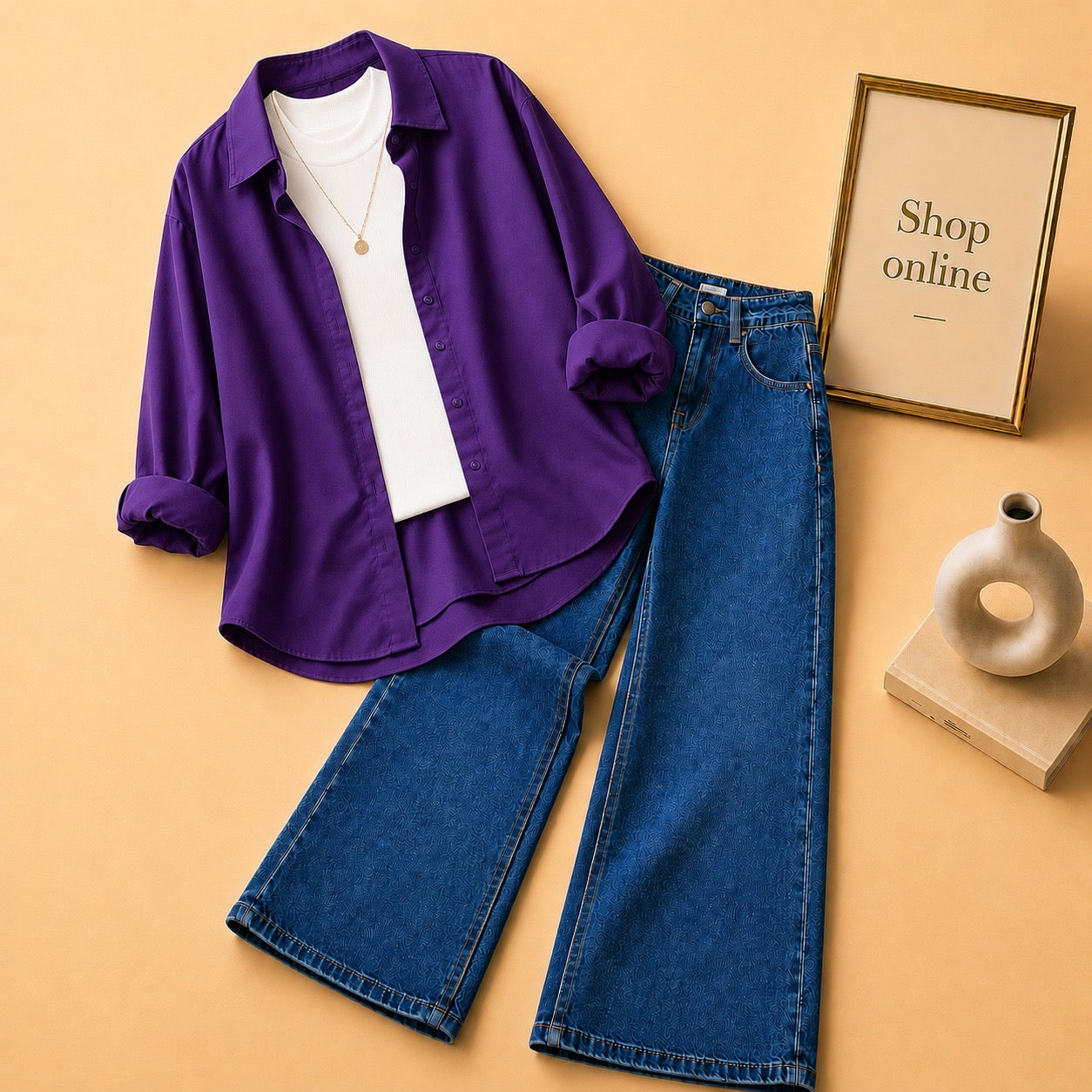 PURPLE BUTTON DOWN SHIRT WITH WHITE TANKTOP AND DARK BLUE WIDE LEG JEANS