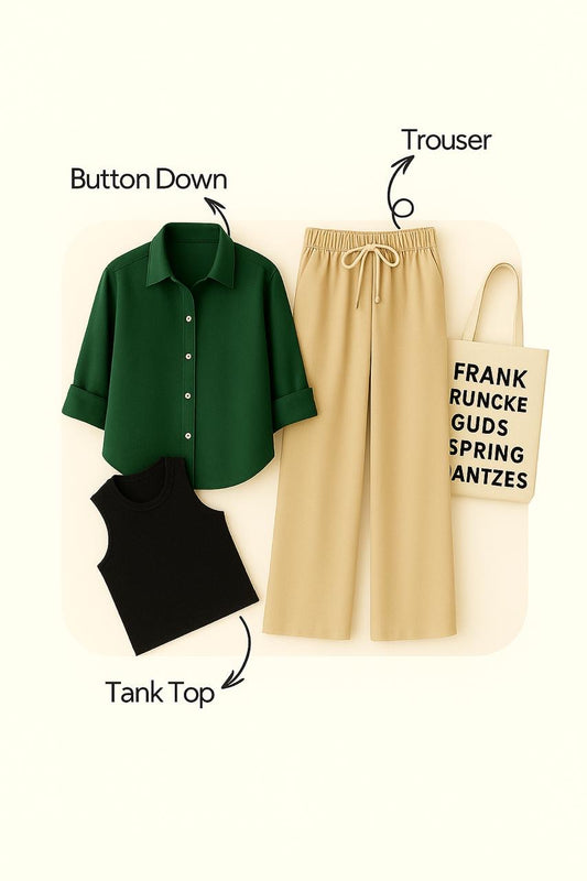 BOTTLE GREEN BUTTON SHIRT WITH BEIGE FLAPPER AND BLACK TANK TOP